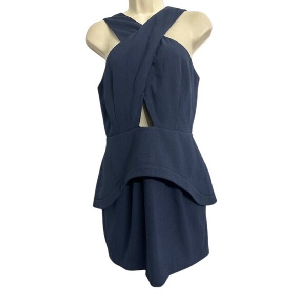 Finders Keepers Navy Blue Sleeveless Cross Front Cutout Peplum Knee Dress Size M - Picture 1 of 9